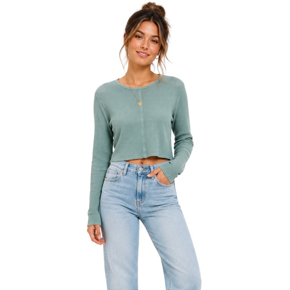 Madewell Women's Waffle Knit Long Sleeve Crew Neck Cropped Top Green Size Large